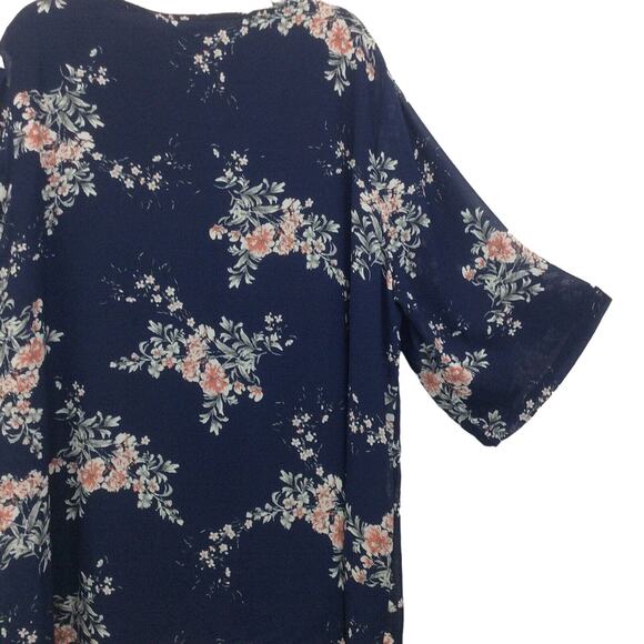 Bloomchic Tunic Women's Plus Size 26 Blue/Pink Floral Boho Sheer Lined Tie Neck - Picture 10 of 11